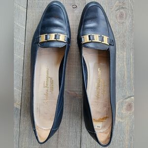 Salvatore Ferragamo Vintage Dark Navy Loafers Gold Buckles Old Money Vibes 10